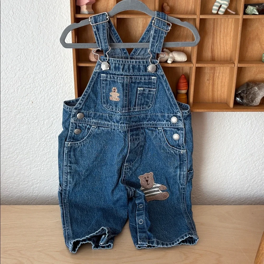 VINTAGE 1999 Baby GAP Blue Denim Overalls with Embroidered Bear Patches